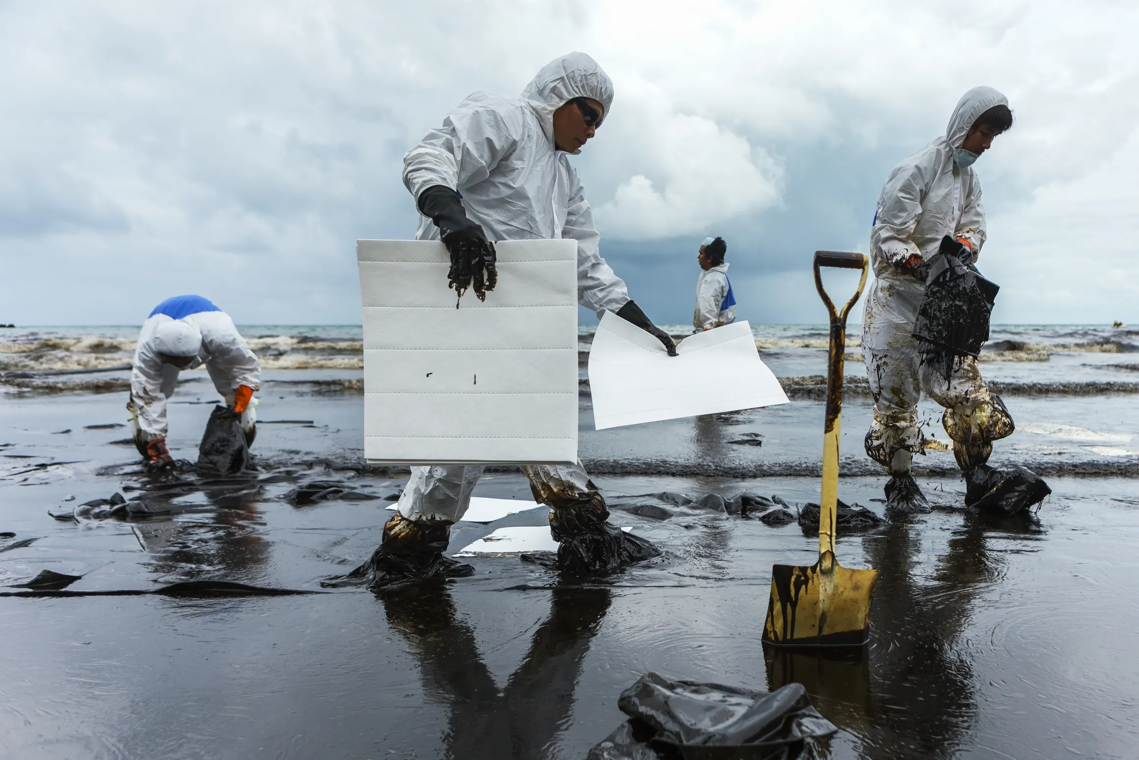 Workers-on-beach-using-industrial-clean-up-rags-to-clean-an-oil-spill